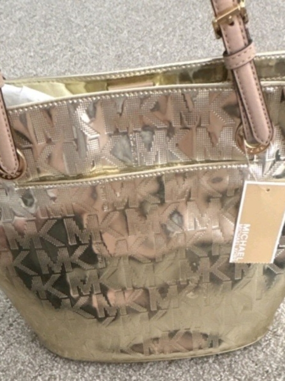 Michael Kors Metallic Gold Logo Tote with Pink-Tone Straps